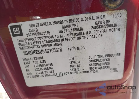 2004 GMC Yukon Xl 2500 Slt from USA, damaged, VIN 3GKGK26U94G165873